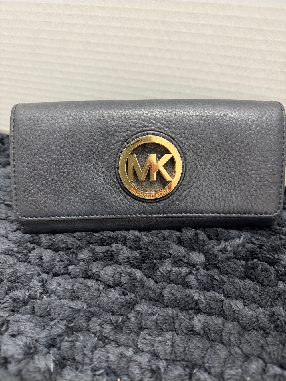 Michael Kors Gray Pebbled Leather Wallet with Gold MK Emblem